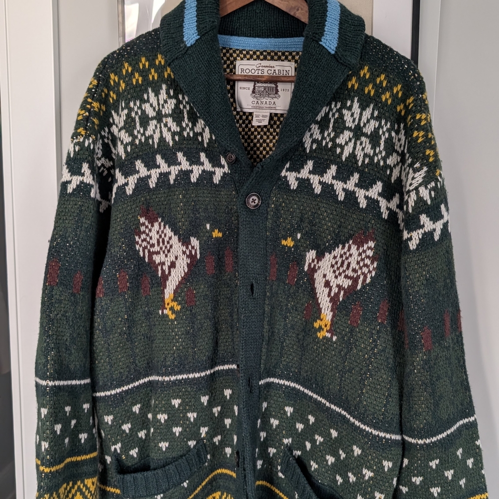 Roots Dark Green Patterned Cardigan